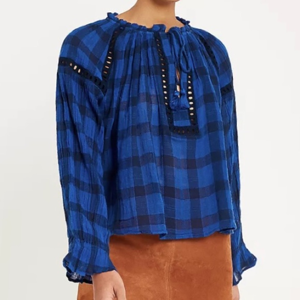 Free People Blue Plaid Eyelet Pleated Tassel Tie Neck Long Sleeve Peasant Top L